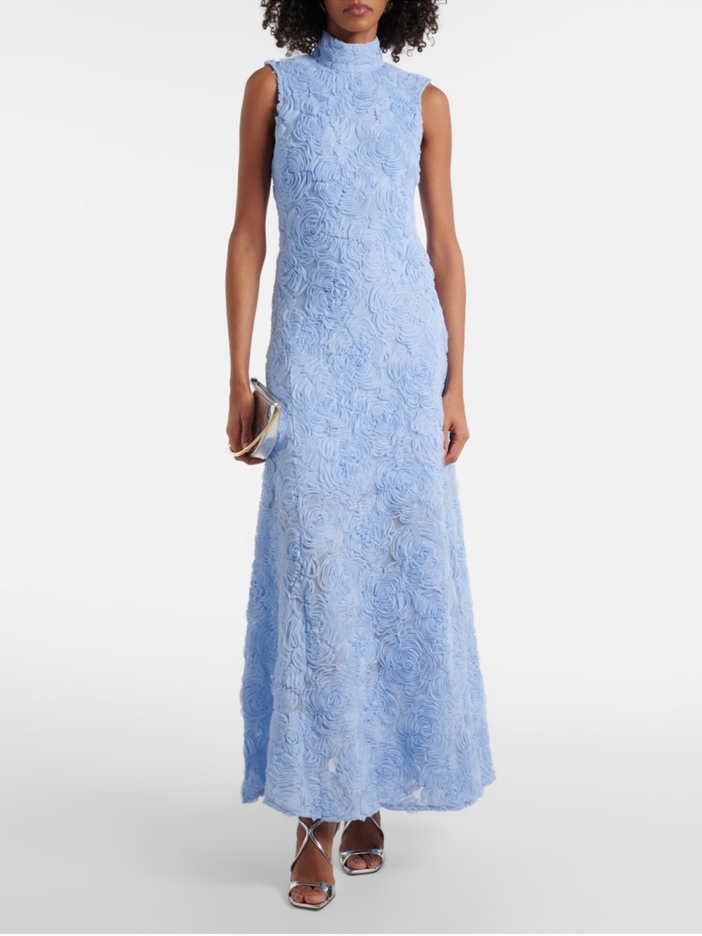 Sleeveless Light Blue Floral Texture Maxi Dress